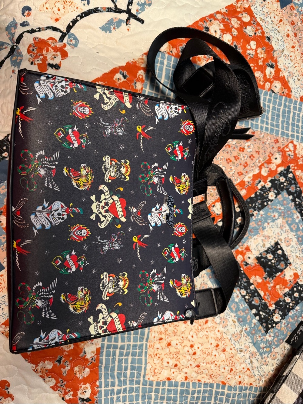 Ed Hardy Black Shoulder Bag with Multicolor Tattoo Print